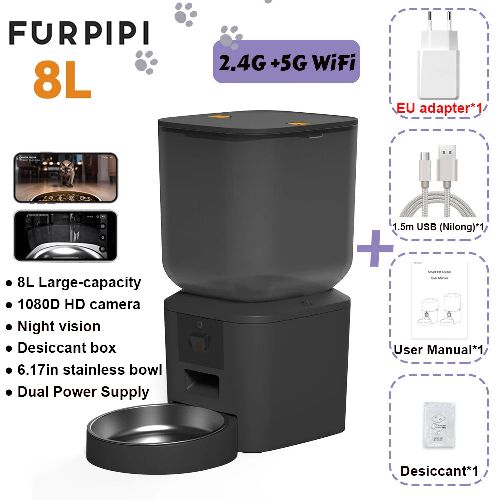 5G Automatic Cat Feeder With 1080p Camera Video WiFi Cat Food Dispenser Pet Smart Voice Recorder Remote Control Pet Auto Feeder