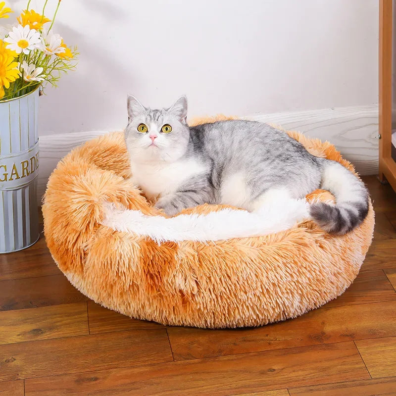 Snooze Cat Bed Round Plush Fluffy Hooded Cozy Cat Bed Cave for Indoor Donut Self Warming Small Dog Bed Anti-anxiety Puppy Kennel