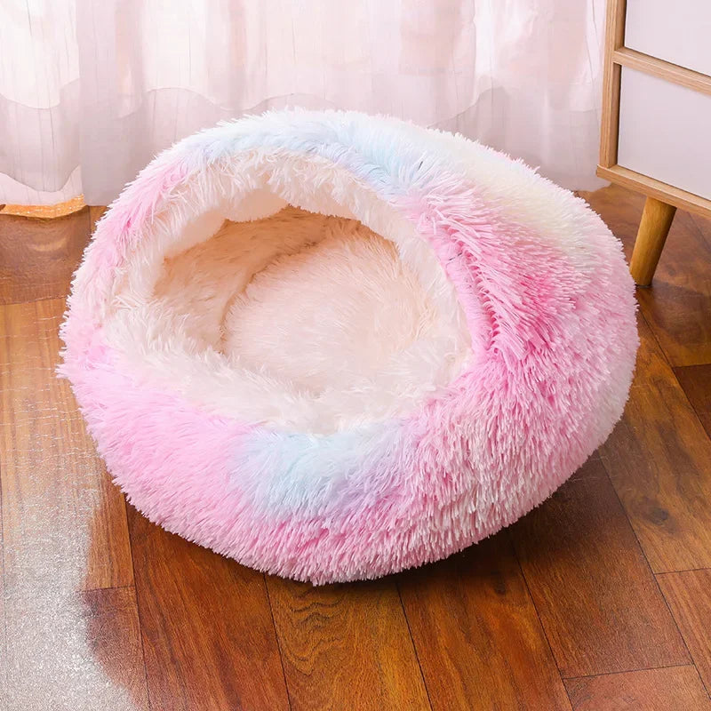 Snooze Cat Bed Round Plush Fluffy Hooded Cozy Cat Bed Cave for Indoor Donut Self Warming Small Dog Bed Anti-anxiety Puppy Kennel