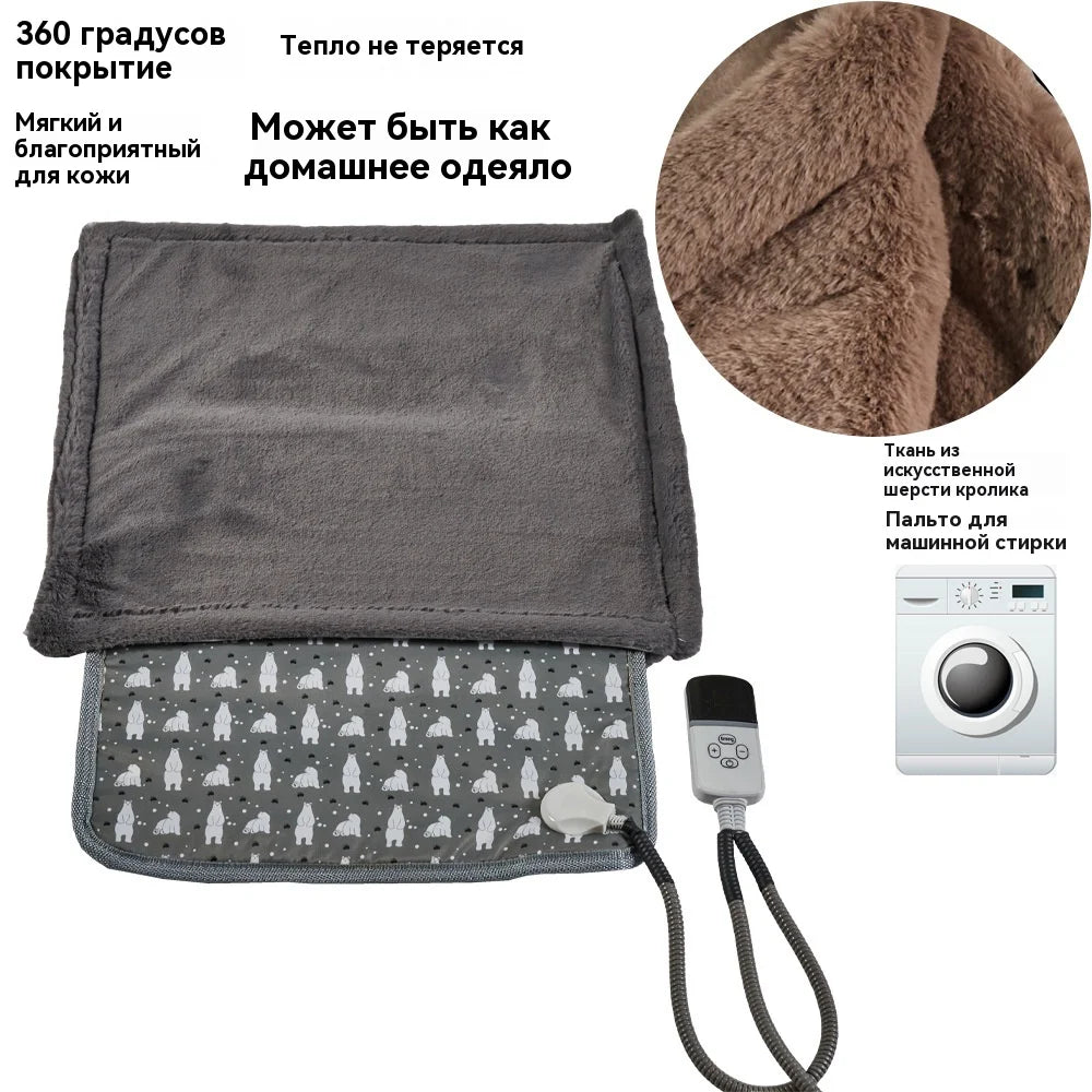 The electric heating blanket is waterproof and comes with an all-steel tube. A gray faux rabbit fur cover is given as a gift.