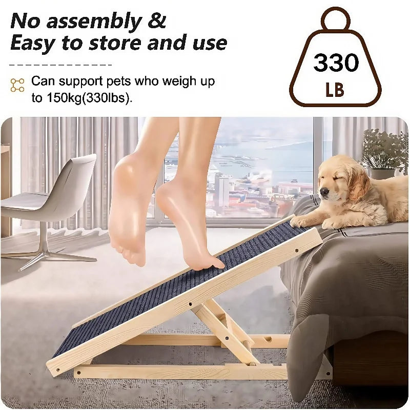 Height-Adjustable Wooden Pet Ramp for Car/Truck - Foldable Dog Stairs for Couch/Bed Access - Non-Slip Safety Ladder for Cats