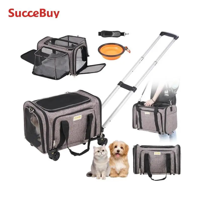 SucceBuy Pet Cat Carrier Breathable Outgoing Dog Carry Backpack with Telescopic Handle Wheels and Shoulder Strap for Travel Trip