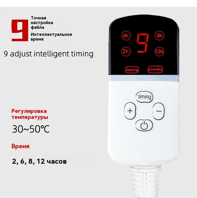 The electric heating blanket is waterproof and comes with an all-steel tube. A gray faux rabbit fur cover is given as a gift.