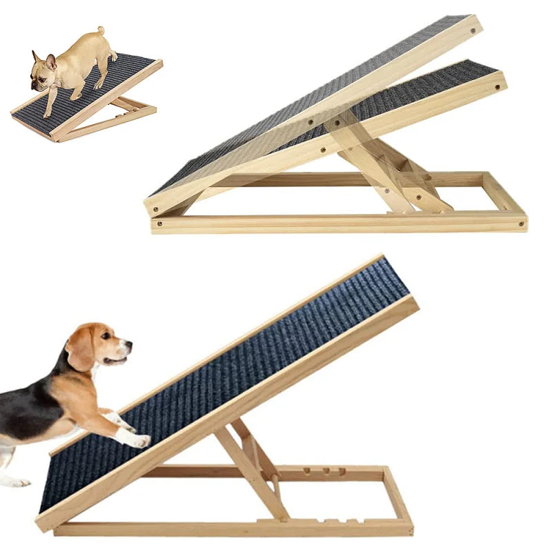 Height-Adjustable Wooden Pet Ramp for Car/Truck - Foldable Dog Stairs for Couch/Bed Access - Non-Slip Safety Ladder for Cats
