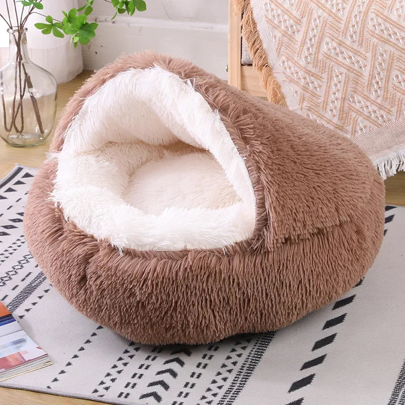 Snooze Cat Bed Round Plush Fluffy Hooded Cozy Cat Bed Cave for Indoor Donut Self Warming Small Dog Bed Anti-anxiety Puppy Kennel