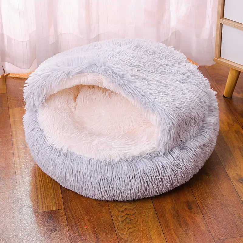 Snooze Cat Bed Round Plush Fluffy Hooded Cozy Cat Bed Cave for Indoor Donut Self Warming Small Dog Bed Anti-anxiety Puppy Kennel