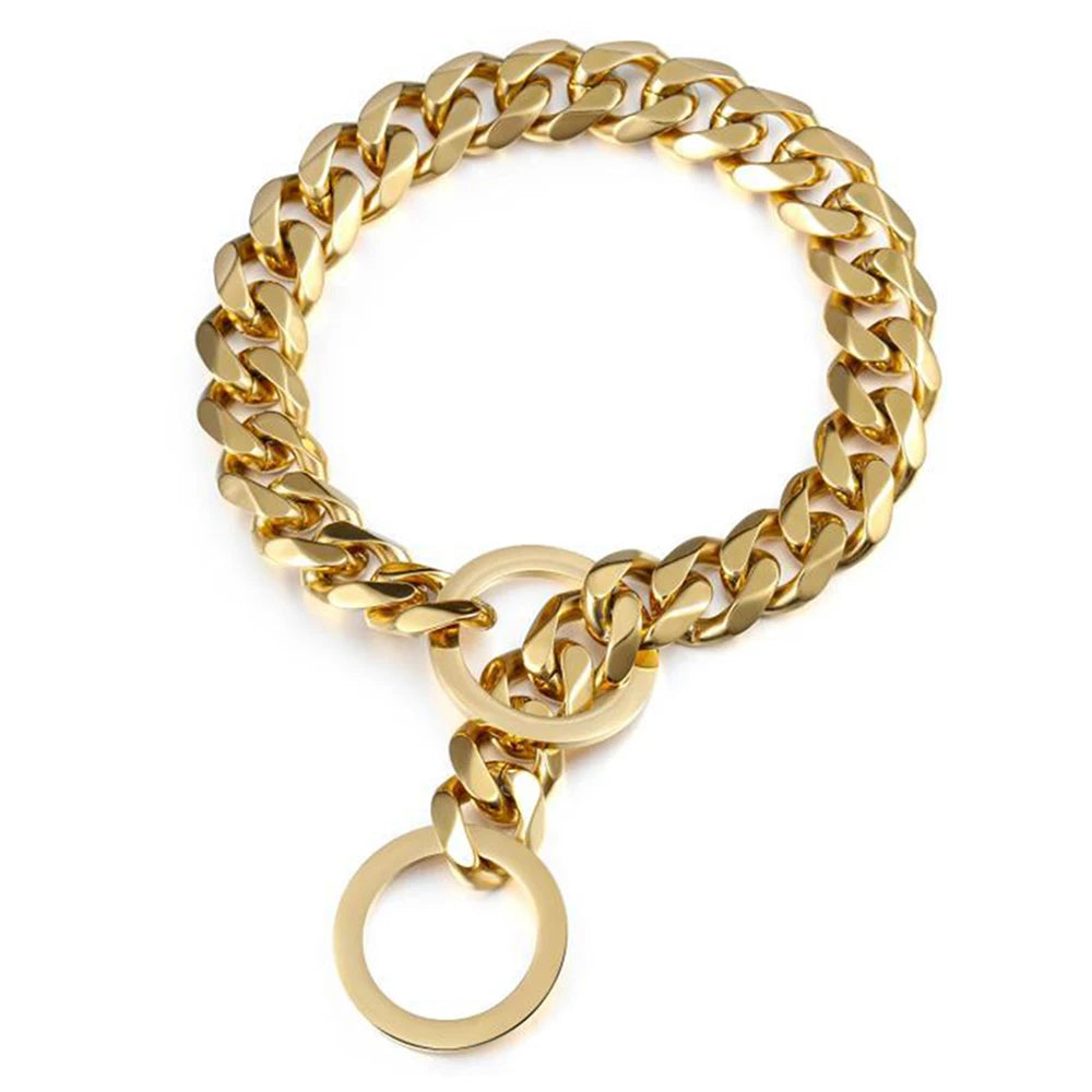 Metal Chain Dog Collar Gold Cuban Link Dog Chain 19MM Chain Collar Stainless Steel Heavy Duty Slip Collars for Large Medium Dogs