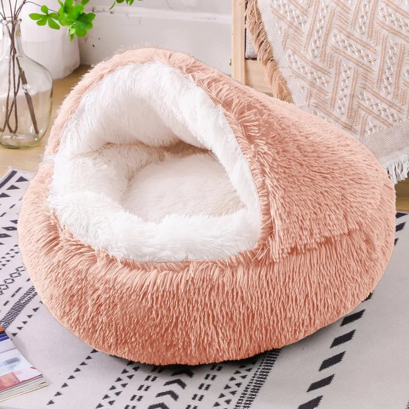 Snooze Cat Bed Round Plush Fluffy Hooded Cozy Cat Bed Cave for Indoor Donut Self Warming Small Dog Bed Anti-anxiety Puppy Kennel