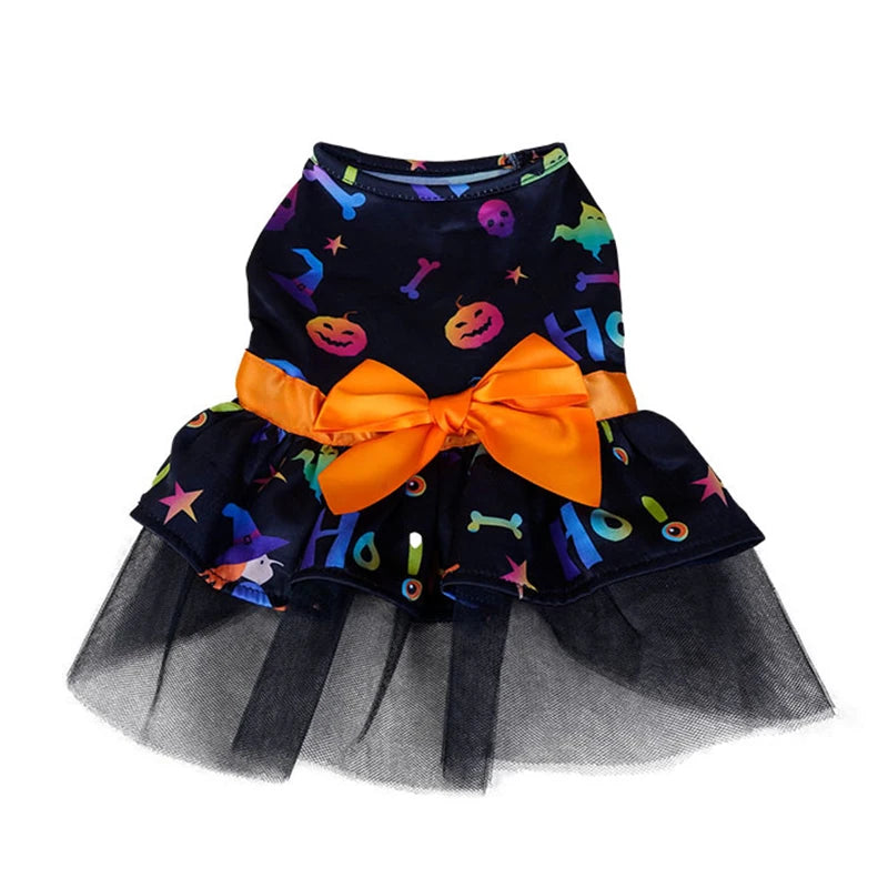 Halloween Dog Clothes with Pumpkin Print Funny Pet Dress Chihuahua Yorkie Clothing Bow Mesh Party Clothing Cat Costume Dog Dress