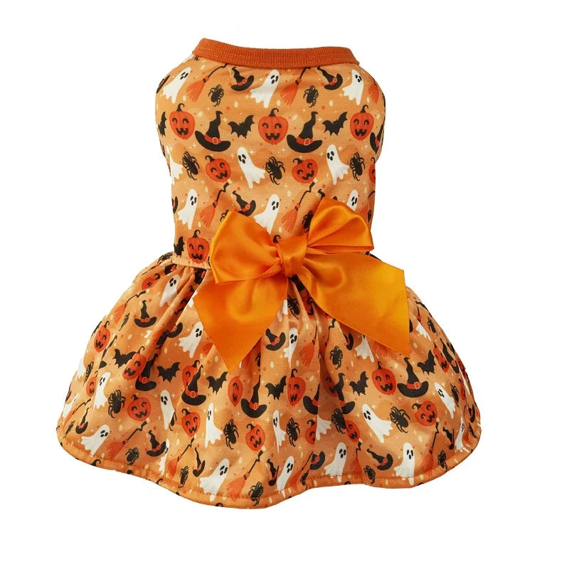 Halloween Dog Clothes with Pumpkin Print Funny Pet Dress Chihuahua Yorkie Clothing Bow Mesh Party Clothing Cat Costume Dog Dress