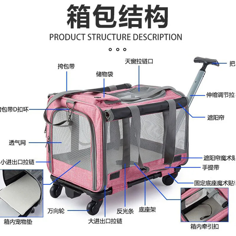 Collapsible Pet Rolling Luggage Portable Dog & Cat Travel Carrier with Wheels for Outdoor Trips，2in1 Pet Travel Carrier Stroller