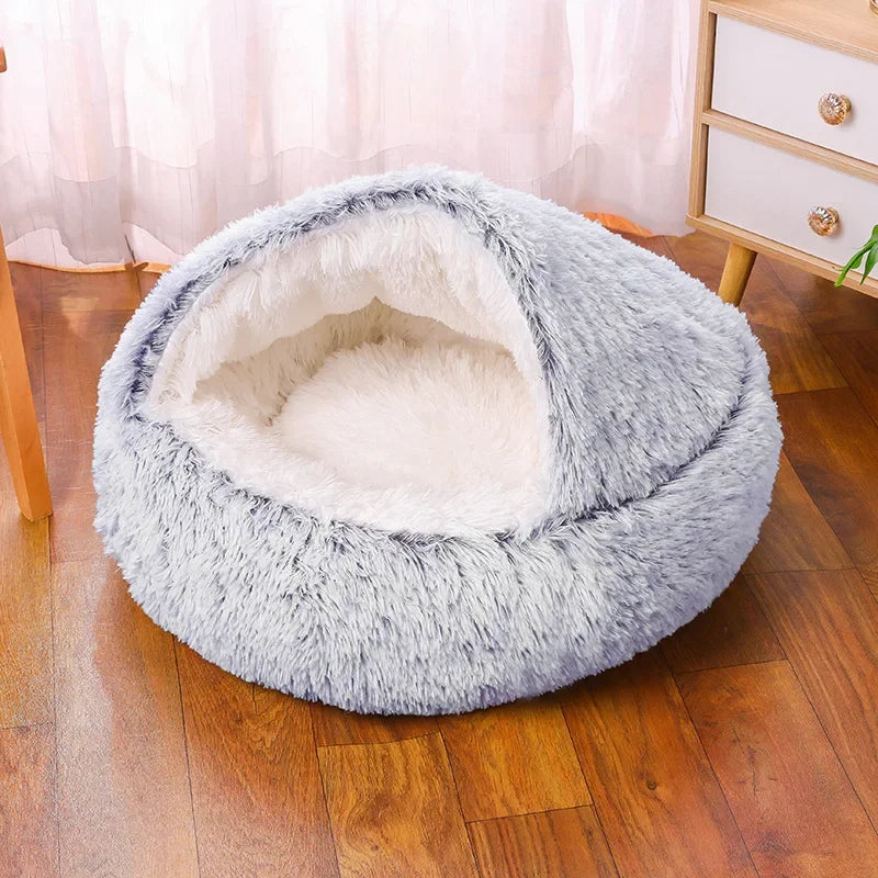 Snooze Cat Bed Round Plush Fluffy Hooded Cozy Cat Bed Cave for Indoor Donut Self Warming Small Dog Bed Anti-anxiety Puppy Kennel