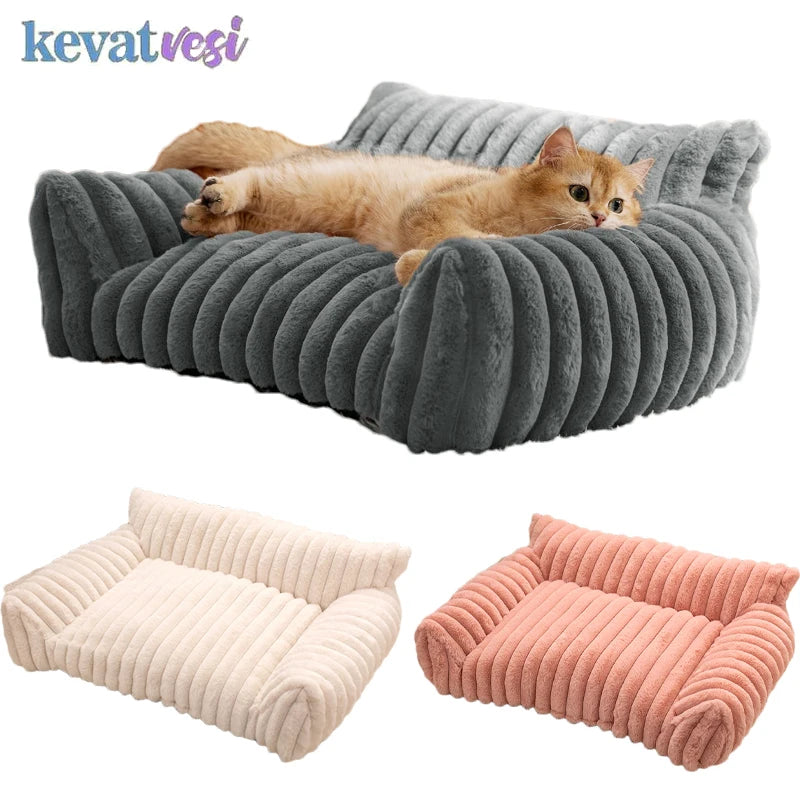 Winter Warm Cat Bed Sofa Removable Washable Cat Nest Soft Striped Pet Bed for Small Medium Dogs Cats Comfortable Plush Puppy Bed