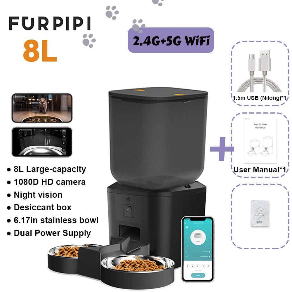 5G Automatic Cat Feeder With 1080p Camera Video WiFi Cat Food Dispenser Pet Smart Voice Recorder Remote Control Pet Auto Feeder