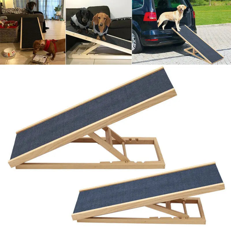 Height-Adjustable Wooden Pet Ramp for Car/Truck - Foldable Dog Stairs for Couch/Bed Access - Non-Slip Safety Ladder for Cats
