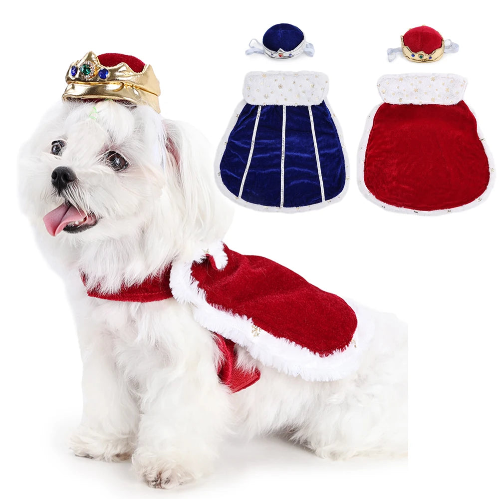Dog King/Queen Dress Up Cloak with Crown Halloween Pet Costume for Small Large Dogs Adjustable Luxury Velour Dog Cosplay Outfit